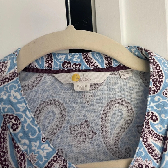 Boden Paisley Cap Sleeve Blue Dress V Neck Button Flippy Jersey - Picture 3 of 5